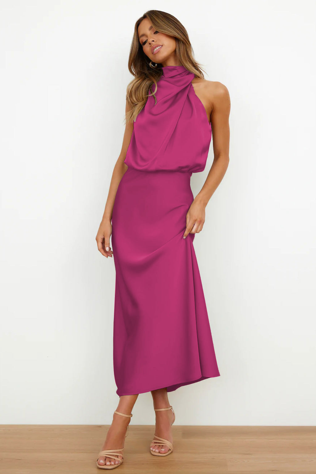 Vanessa Effortless Long Satin Dress with American Neckline Designer Edit