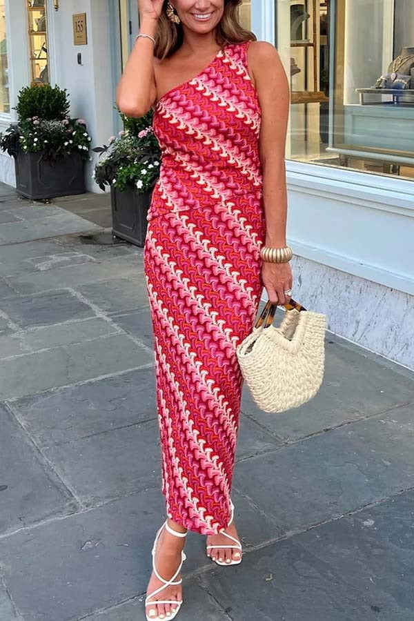 Ansela Knit Wave Unique Print One Shoulder Top and Stretch Maxi Skirt Set