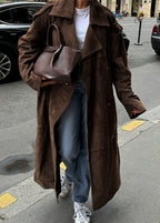 Suede Belted Long Trench Coat – Oversized Double-Breasted Brown Jacket