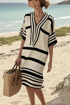 Fashion Striped Print V-neck Loose Holiday Midi Dress