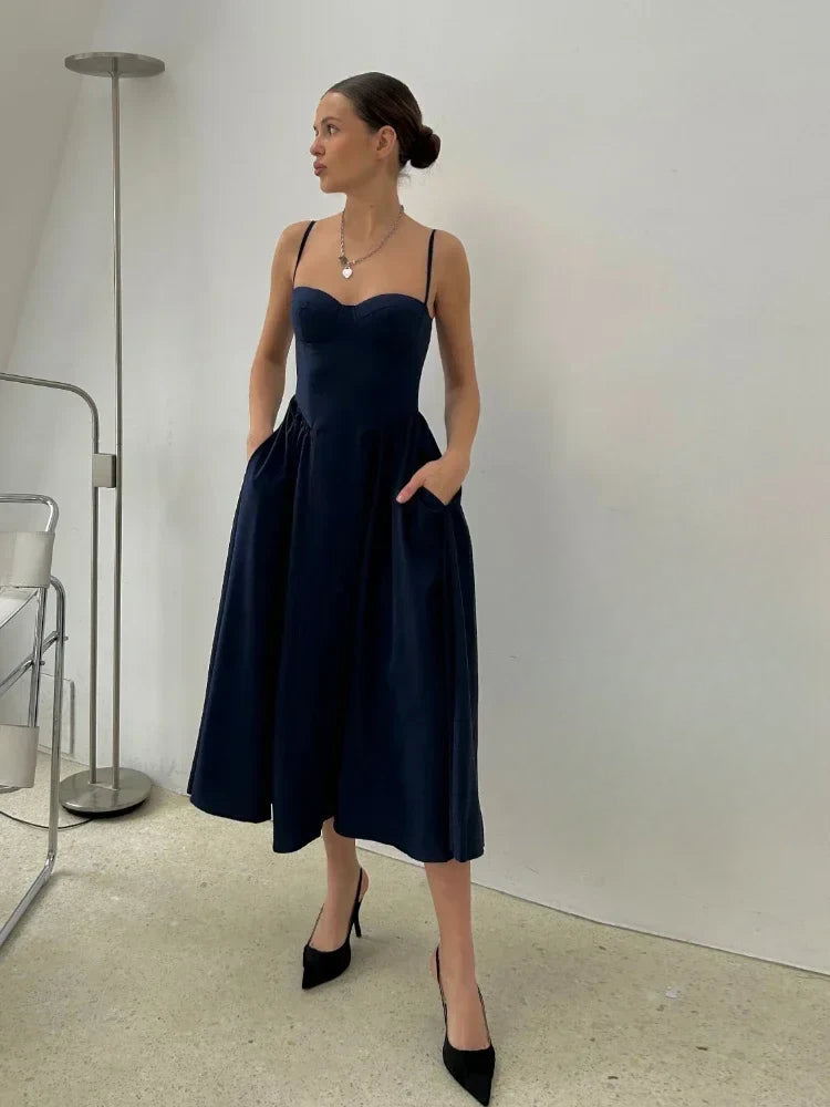 Spaghetti Strap Slim A-Line Midi Dress