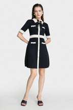 Black Contrast Trim Bow Brooch Knit Dress