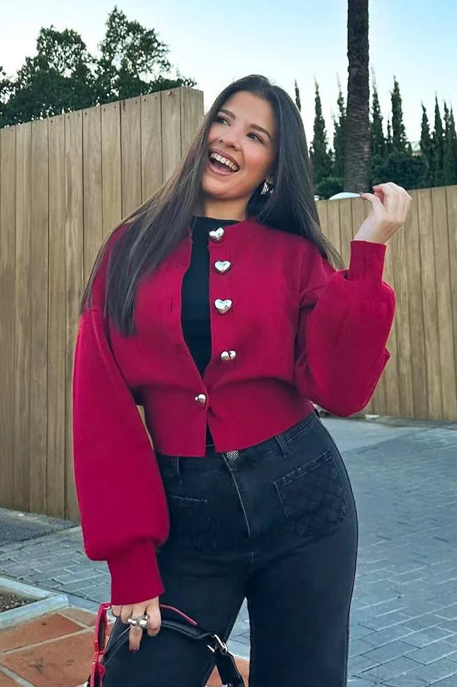 Knit ONeck Heart Button Sweater
