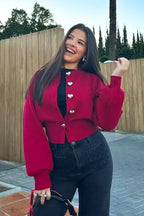 Knit ONeck Heart Button Sweater