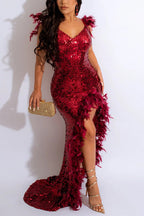 Sexy Feather Sequin Backless Fit Asymmetrical Maxi Dress
