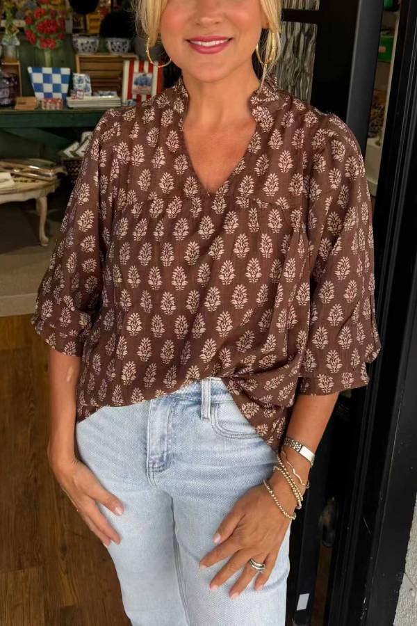 Vintage Floral Print V-Neck Puff Sleeve Casual Blouse