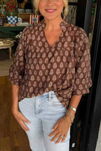 Vintage Floral Print V-Neck Puff Sleeve Casual Blouse