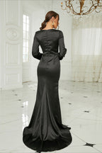 Elegant Long Sleeve Satin Crew Neck Split Formal Dress
