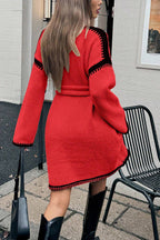 Stylish Loose-fitting Long-sleeved Tie-waist Knit Mini Dress