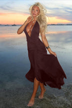 Halter V-Neck Backless Ruched High Slit Party Dress