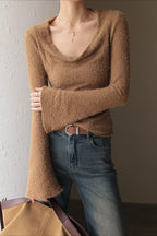 Retro Draped Cowl Neck Long Sleeve Top