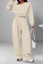 Casual Ribbed Off Shoulder Crop Sweatshirt Pants Set