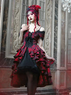 Japanese Gothic Style Red Black Halloween OffShoulder Court Wave Autumn Dark HighWaist Lolita Party Dress