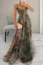 Ladies' summer princess chiffon printed hollow sexy waist and back lace up long dress