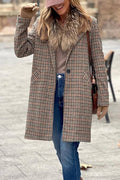 Brown plaid wool suit collar coat