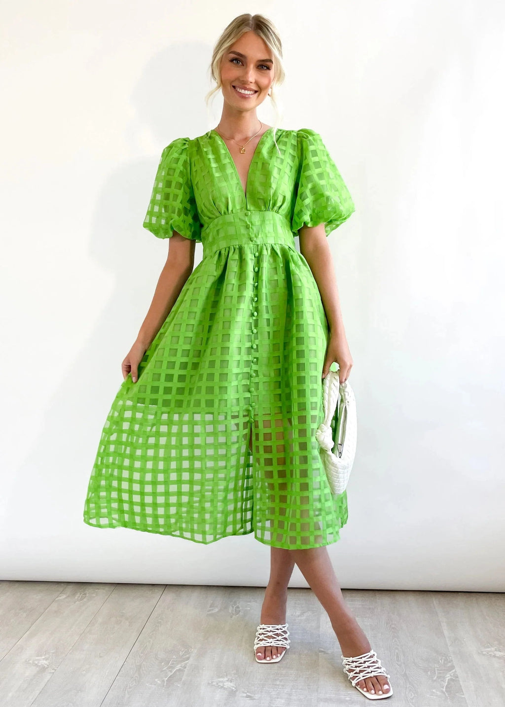 Beautiful square pattern fabric puff sleeve midi