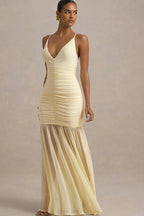 Patchwork V Neck Ruched Backless Maxi Dress