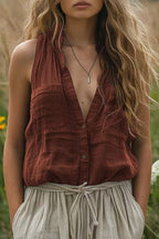 Linen Blend Solid Color Casual V-neck Pocket Sleeveless Shirt