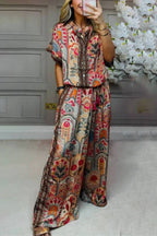 Boho Print Tassel Detail Casual Elastic Waist Pocket Wide-Leg Pants