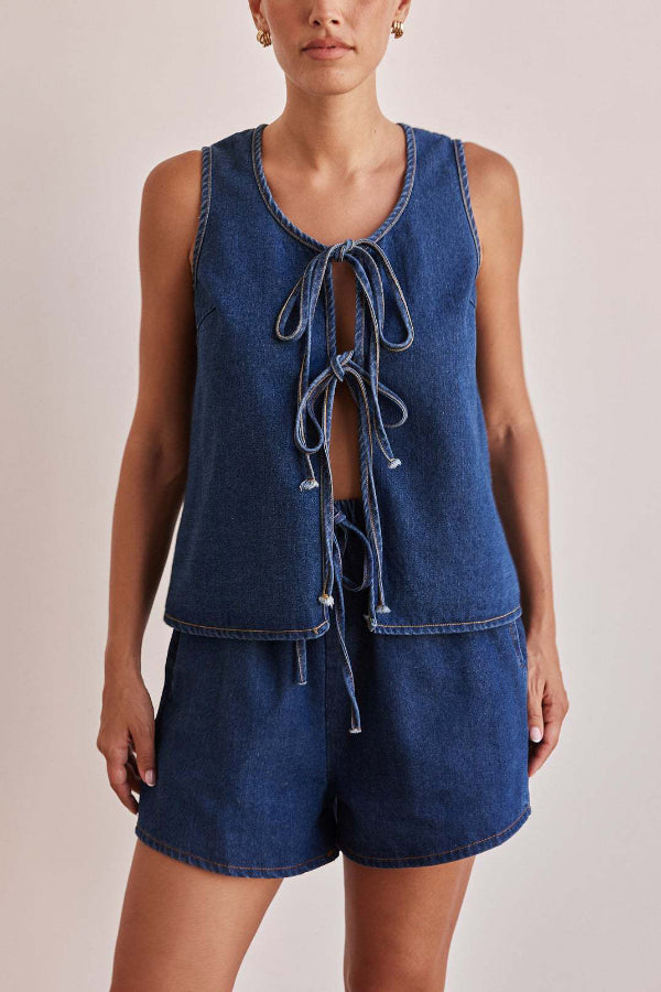 Stylish Elastic Waist Drawstring Pocket Casual Loose Denim Shorts