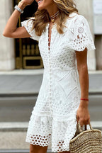 Gilda Effortless Sweet Valor Crochet Lace Mini Dress with Puff Sleeves and Buttons Elevated Occasion Wear
