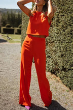 Modern and Elegant Solid Crop Tank and High Rise Flare Loose Pants Set