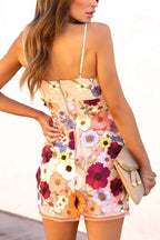 Dream World Floral Applique Adjustable Straps Mini Dress