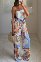 Shades of Cornflower Printed Bandeau Crop Scarf Top and Elastic Waist Pocket Wide Leg Pants Set