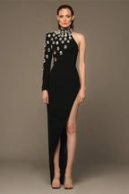 Rhinestone One Shoulder Long Sleeve Slit Bandage Cocktail Dress