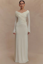 V Neck Long Sleeve Ruched High Waist Maxi Dress