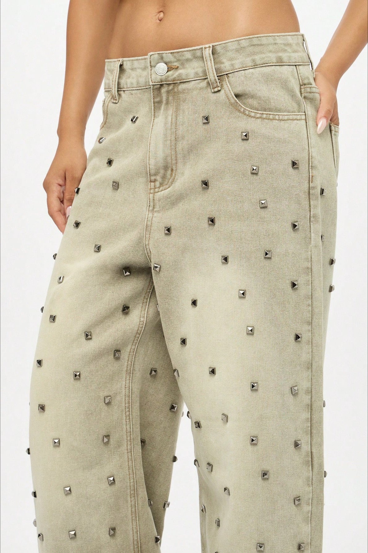 Edgy Retro Metal Bead Full-Diamond Low-Rise Straight Jeans