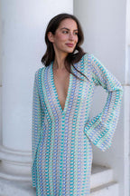 Pilar Chic Boho V Neck Bell Sleeve Maxi Dress, Wavy Striped Crochet Beach Holiday Dress Evening Wear Edit