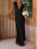 Spring Summer Satin Solid Color V - Neck Fishtail Party Dress