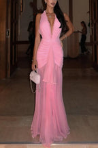 Elegant V-neck Sleeveless Pleated Ribbon Mesh Hem Maxi Dress
