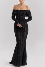 Leila Elevated Off Shoulder Floral Lace Flared Sleeve Fishtail Maxi Dress White Occasion Wear