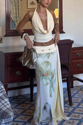 Halter Neck Backless Printed Long Dress Set