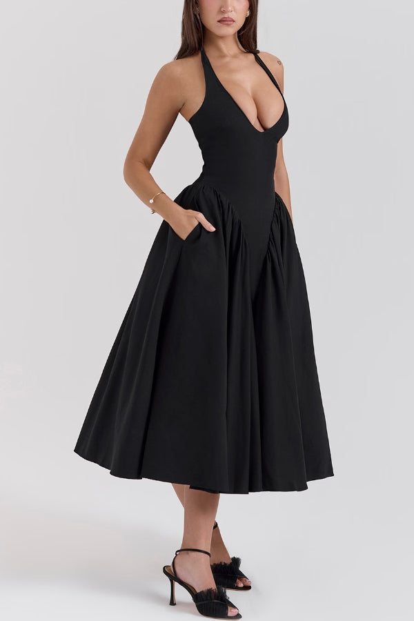Lilly Timeless Solid a Line Halter Midi Dresses with Deep V Neck Boutique Dress Collection
