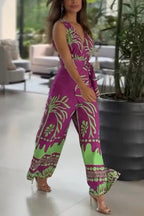 Unique Printed V-Neck Sleeveless Waist Tie Jumpsuit