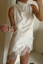 Solid Color Satin Spliced lace Sleeveless Irregular Casual Top