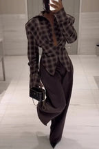 Vintage Plaid Shoulder Pad Buttons Long Sleeve Angled Hem Shirt