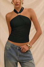 Backless Metal Trim Halter Crop Top