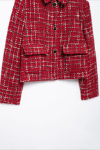 Padded Shoulder Tweed Two Piece Blazer Skirt Set