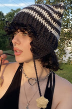 Fox Ears Color Block Striped Pom Pom Knitted Hat
