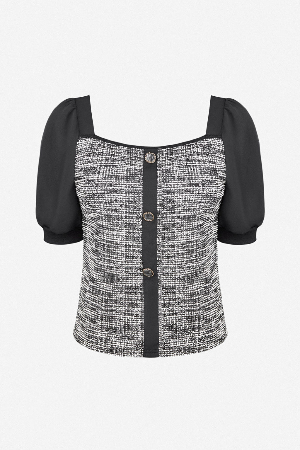 Black Tweed Square Neck Button Detail Puff Sleeve Blouse