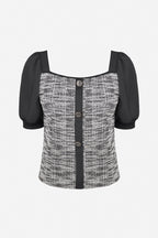 Black Tweed Square Neck Button Detail Puff Sleeve Blouse