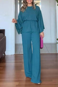 Beaded Wide-Sleeve Waisted Wide-Leg Pants Two-Piece Set