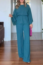 Beaded Wide-Sleeve Waisted Wide-Leg Pants Two-Piece Set
