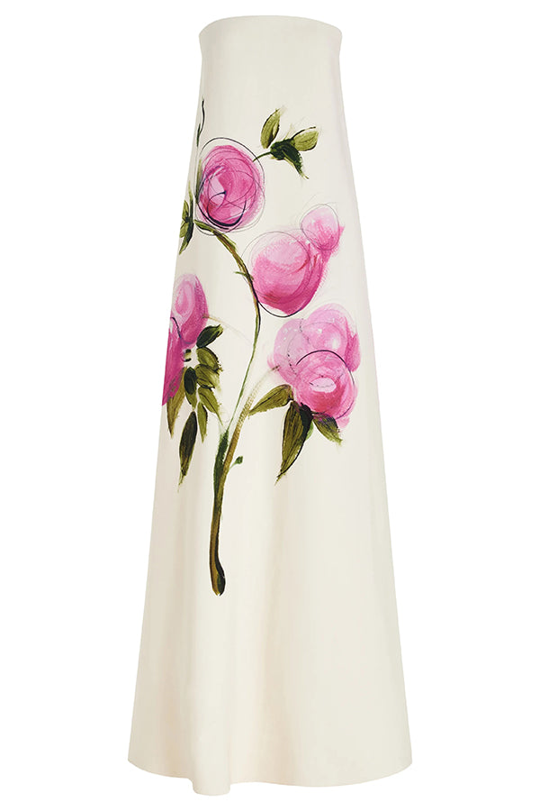 Garden Wedding Painted Roses Print Strapless A-line Maxi Dress