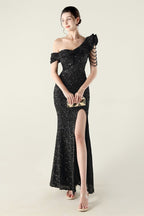 Draped One Shoulder Ruffle Formal Dress