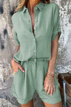 Linen Blend Solid Color Button Lapel Short Sleeve Shirt and Casual Pocket Shorts Set